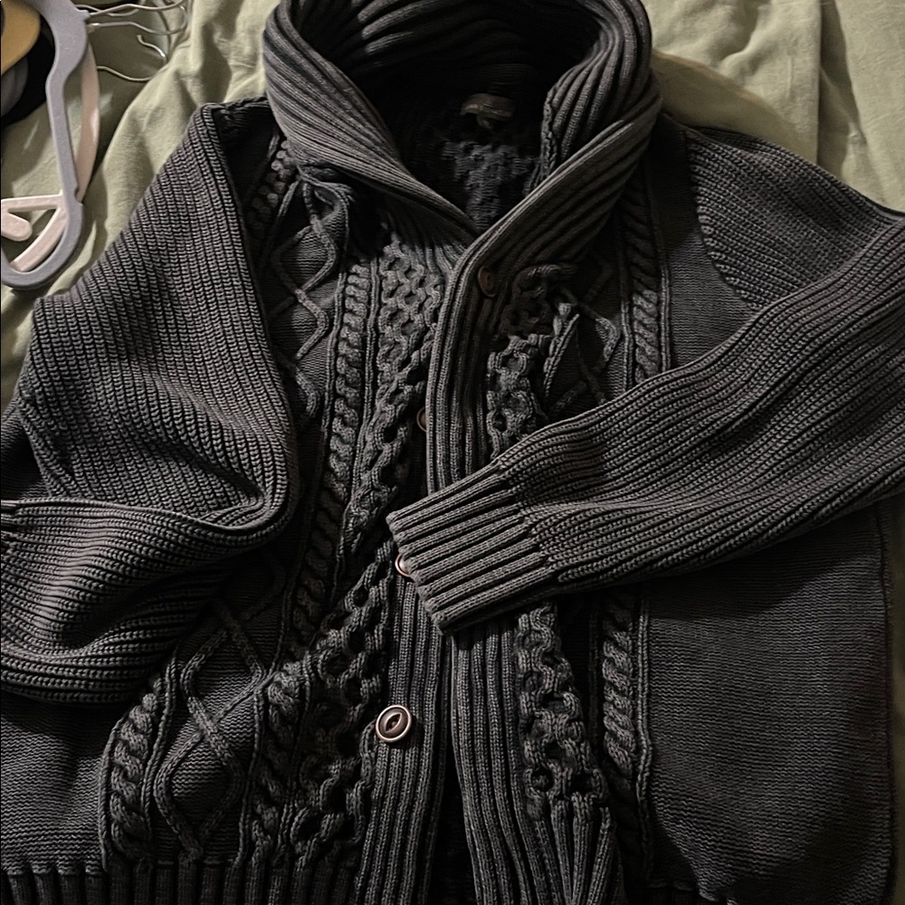 LL Bean Signature Men's Dark Gray Cable Knit Cardigan - Picture 2 of 9